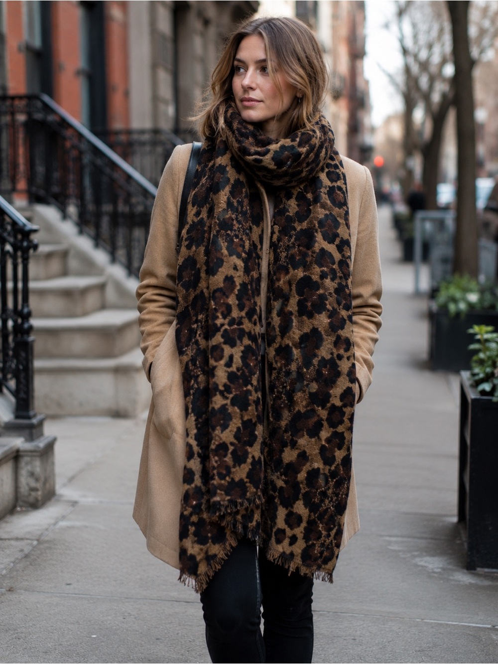 Steve Madden Leopard Print Fringe Scarf in Brown and Black